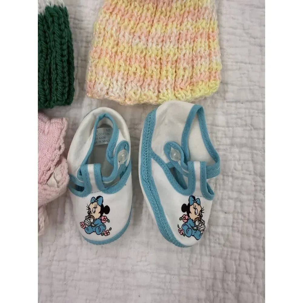 Vintage Newborn baby girl bundle 2 booties and 2 beanies